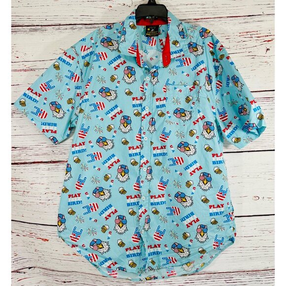 Staghorn Mens Patriotic Play Free Bird Button Up Shirt Size L July 4th America - Picture 4 of 13